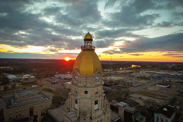 Aerial photo of the Vigo County Courthouse at sunset. 